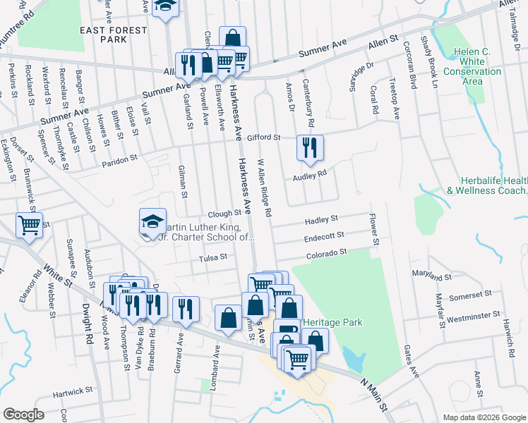 map of restaurants, bars, coffee shops, grocery stores, and more near 205 Harkness Avenue in Springfield