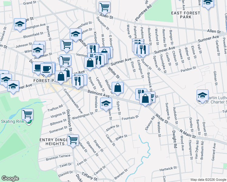 map of restaurants, bars, coffee shops, grocery stores, and more near 87 Whittier Street in Springfield