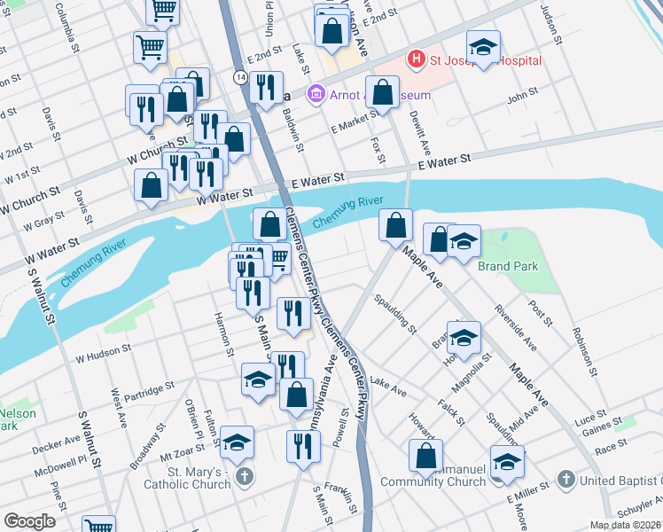 map of restaurants, bars, coffee shops, grocery stores, and more near 122 East Chemung Place in Elmira