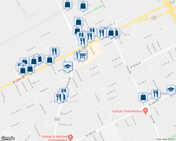 map of restaurants, bars, coffee shops, grocery stores, and more near 2936 West 30th Street in Erie