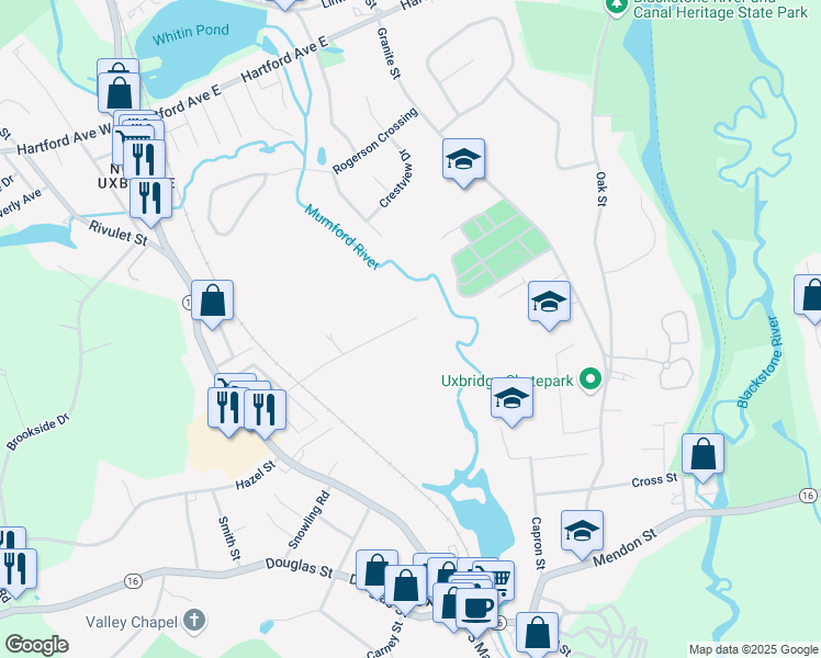 map of restaurants, bars, coffee shops, grocery stores, and more near 90 Homeward Avenue in Uxbridge