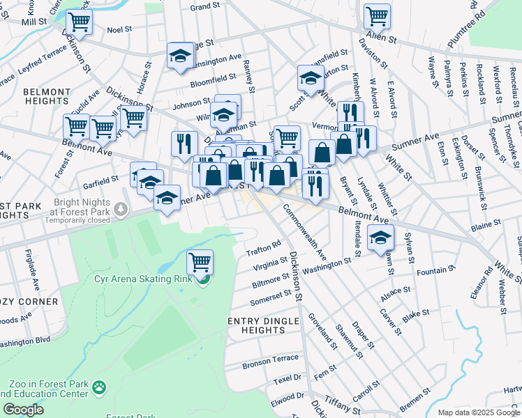 map of restaurants, bars, coffee shops, grocery stores, and more near 459 Dickinson Street in Springfield