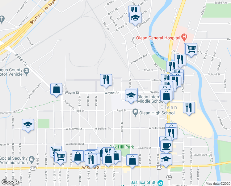 map of restaurants, bars, coffee shops, grocery stores, and more near 645 Wayne Street in Olean
