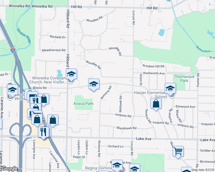 map of restaurants, bars, coffee shops, grocery stores, and more near 144 Woodley Road in Winnetka