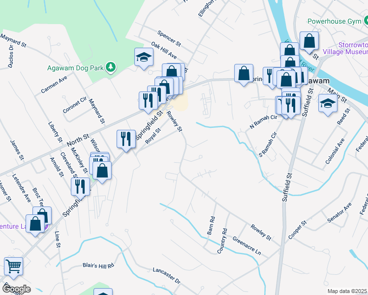 map of restaurants, bars, coffee shops, grocery stores, and more near 80 Rowley Street in Agawam