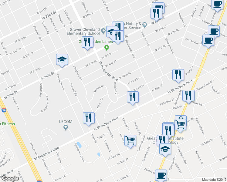 map of restaurants, bars, coffee shops, grocery stores, and more near 4302 Caroline Drive in Erie
