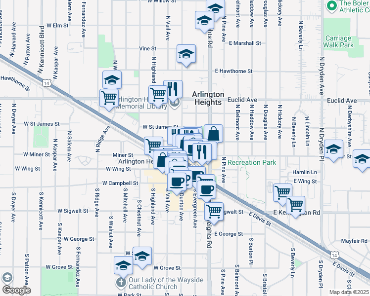 map of restaurants, bars, coffee shops, grocery stores, and more near 299 North Dunton Avenue in Arlington Heights