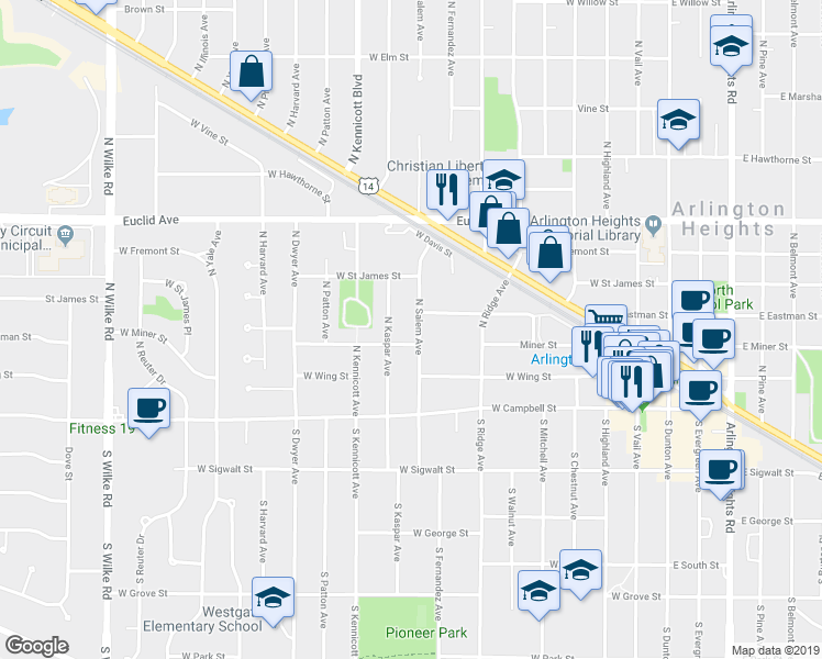 map of restaurants, bars, coffee shops, grocery stores, and more near 202 North Salem Avenue in Arlington Heights