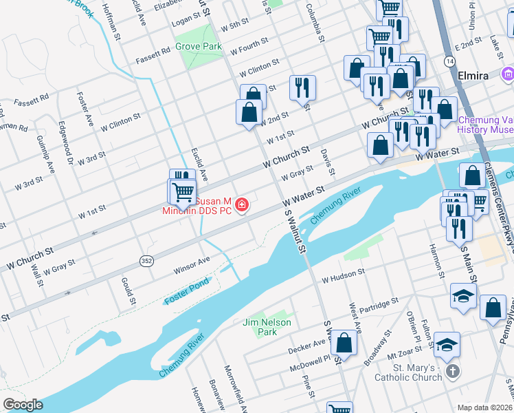 map of restaurants, bars, coffee shops, grocery stores, and more near 520 West Water Street in Elmira