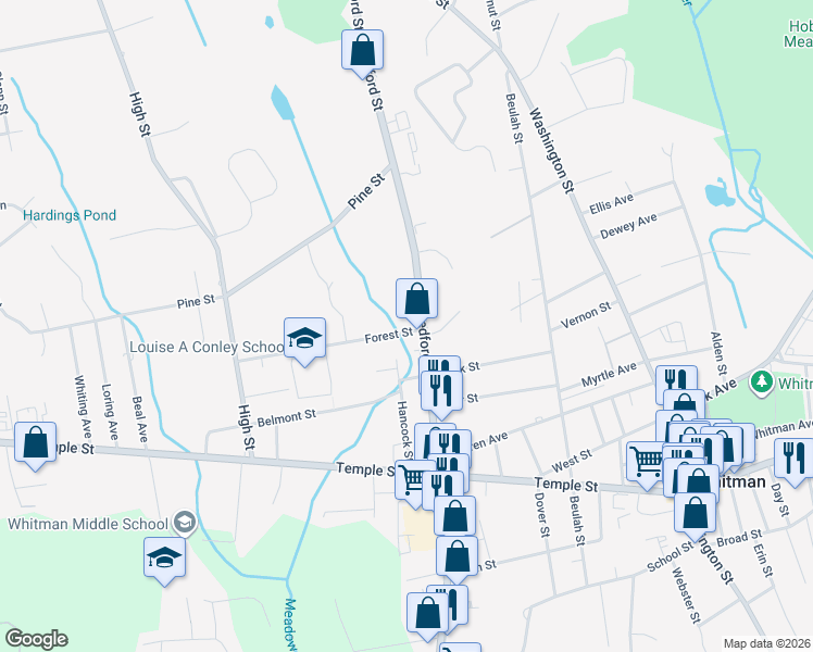 map of restaurants, bars, coffee shops, grocery stores, and more near 15 Forest Street in Whitman