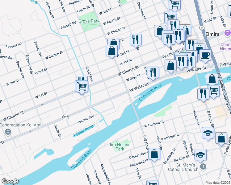 map of restaurants, bars, coffee shops, grocery stores, and more near 524 West Water Street in Elmira