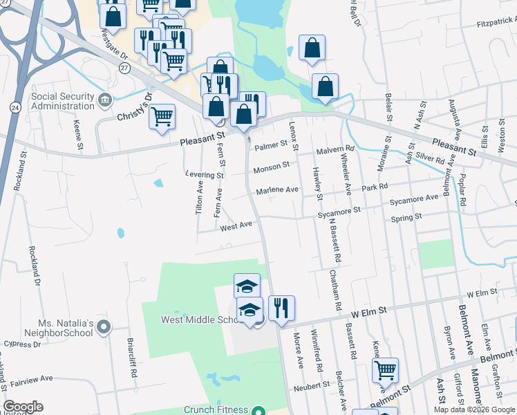 map of restaurants, bars, coffee shops, grocery stores, and more near 108 West Street in Brockton