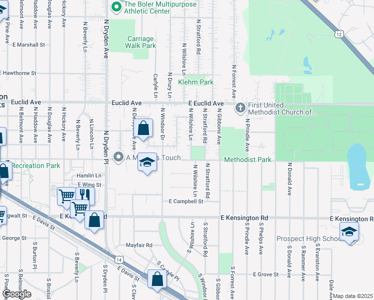 map of restaurants, bars, coffee shops, grocery stores, and more near 303 North Drury Lane in Arlington Heights