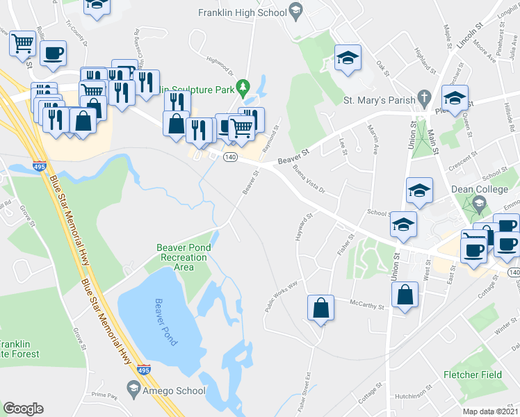 map of restaurants, bars, coffee shops, grocery stores, and more near 290 Beaver St in Franklin