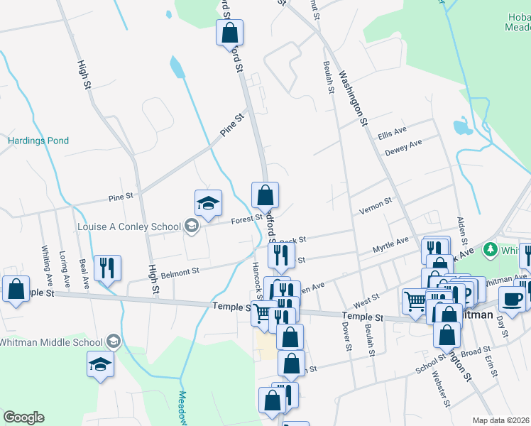 map of restaurants, bars, coffee shops, grocery stores, and more near 15 Forest Street in Whitman