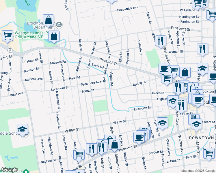 map of restaurants, bars, coffee shops, grocery stores, and more near 14 Poplar Road in Brockton