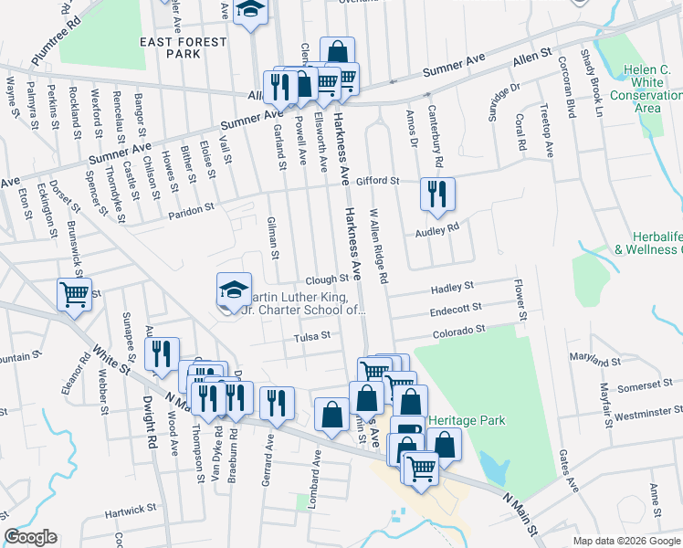 map of restaurants, bars, coffee shops, grocery stores, and more near 203 Ellsworth Avenue in Springfield