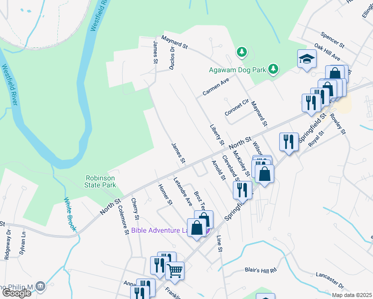 map of restaurants, bars, coffee shops, grocery stores, and more near 42 James Street West in Agawam