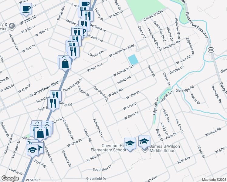 map of restaurants, bars, coffee shops, grocery stores, and more near 915-925 Hilltop Road in Erie