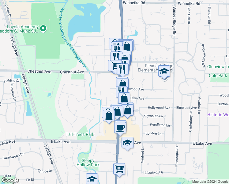 map of restaurants, bars, coffee shops, grocery stores, and more near 1644 Waukegan Road in Glenview