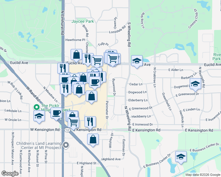map of restaurants, bars, coffee shops, grocery stores, and more near 1148 North Boxwood Drive in Mount Prospect