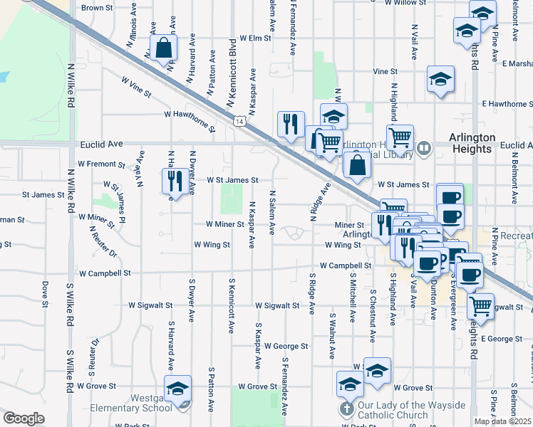 map of restaurants, bars, coffee shops, grocery stores, and more near 202 North Salem Avenue in Arlington Heights