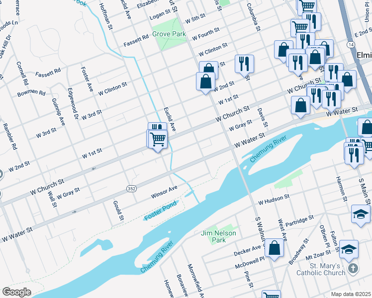 map of restaurants, bars, coffee shops, grocery stores, and more near 613 West Gray Street in Elmira