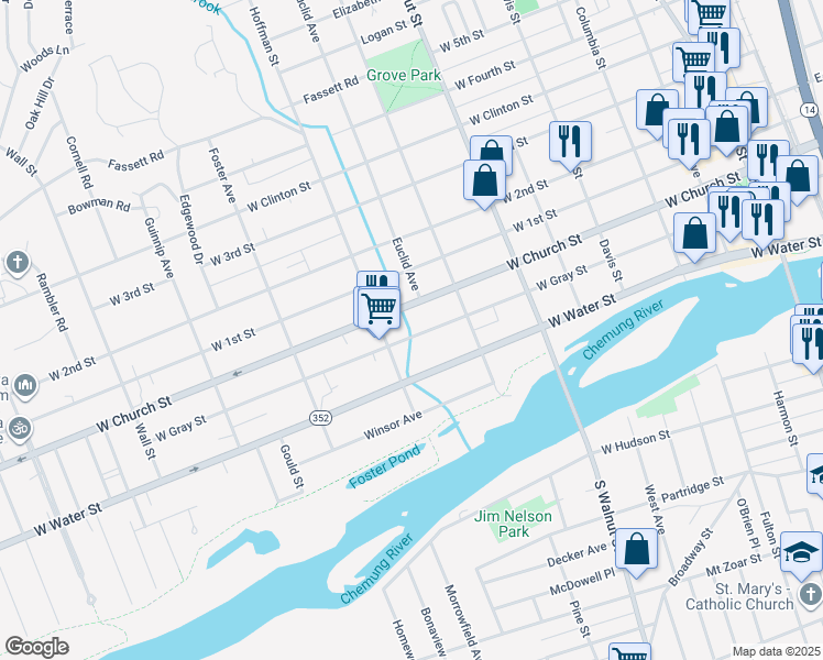 map of restaurants, bars, coffee shops, grocery stores, and more near 630 West Gray Street in Elmira