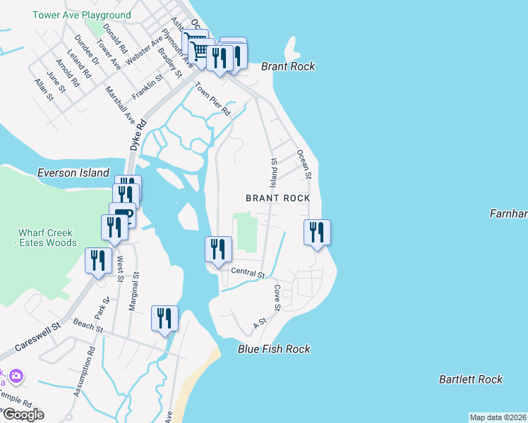 map of restaurants, bars, coffee shops, grocery stores, and more near 95 Island Street in Marshfield