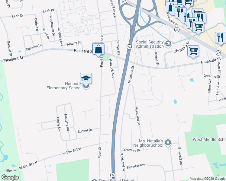 map of restaurants, bars, coffee shops, grocery stores, and more near 99 Hancock Avenue in Brockton
