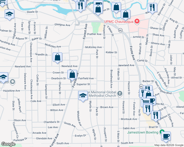 map of restaurants, bars, coffee shops, grocery stores, and more near 106 Park Street in Jamestown