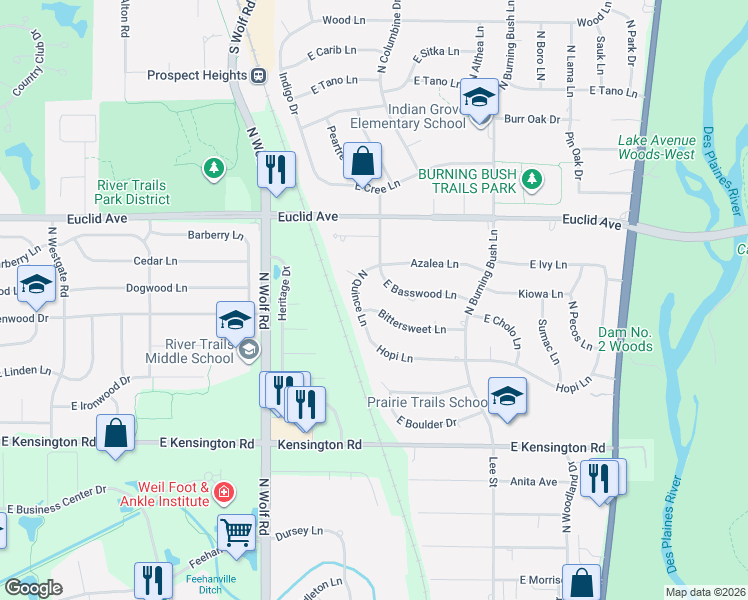 map of restaurants, bars, coffee shops, grocery stores, and more near 1805 East Basswood Lane in Mount Prospect