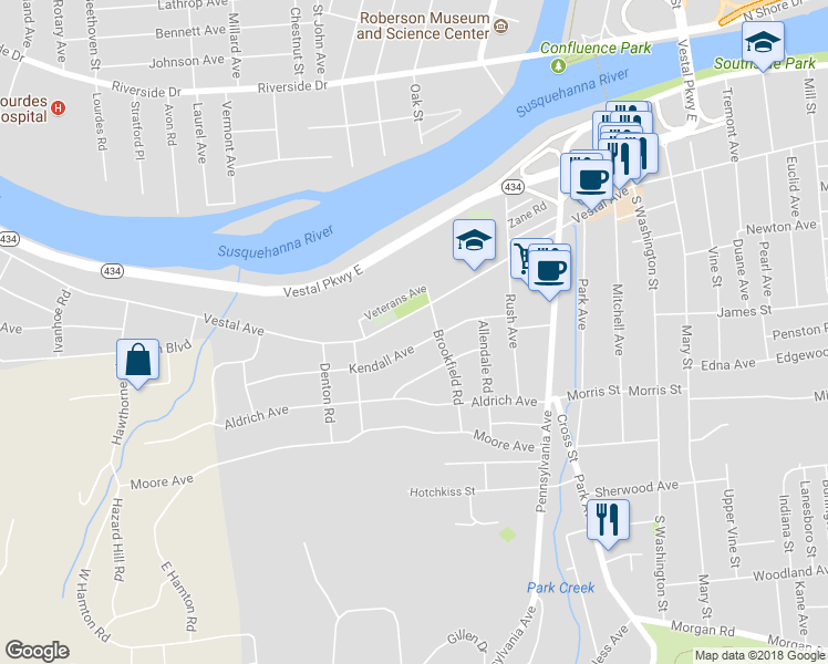 map of restaurants, bars, coffee shops, grocery stores, and more near 1094 Vestal Avenue in Binghamton