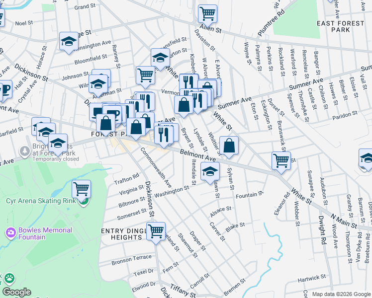 map of restaurants, bars, coffee shops, grocery stores, and more near 61 Orlando Street in Springfield