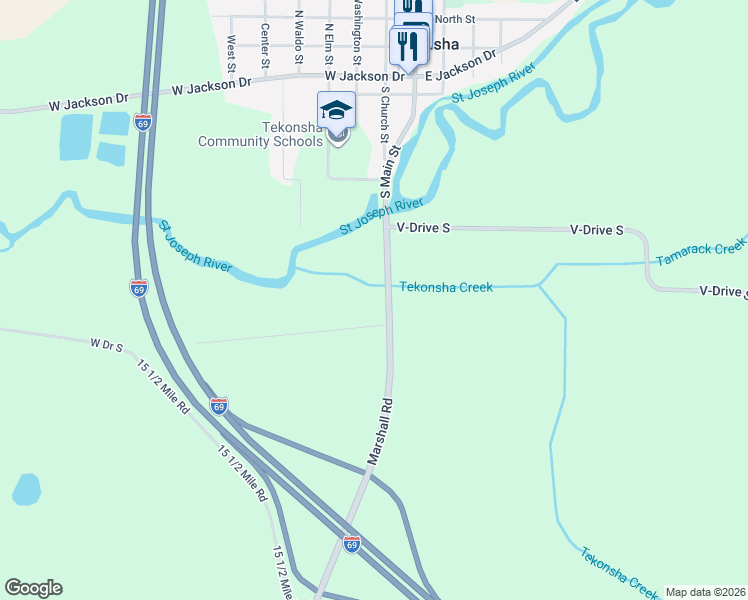 map of restaurants, bars, coffee shops, grocery stores, and more near 15601 West Drive South in Tekonsha