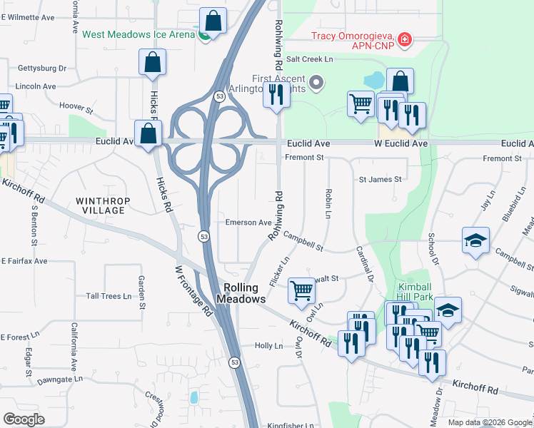 map of restaurants, bars, coffee shops, grocery stores, and more near 2305 Rohlwing Road in Rolling Meadows