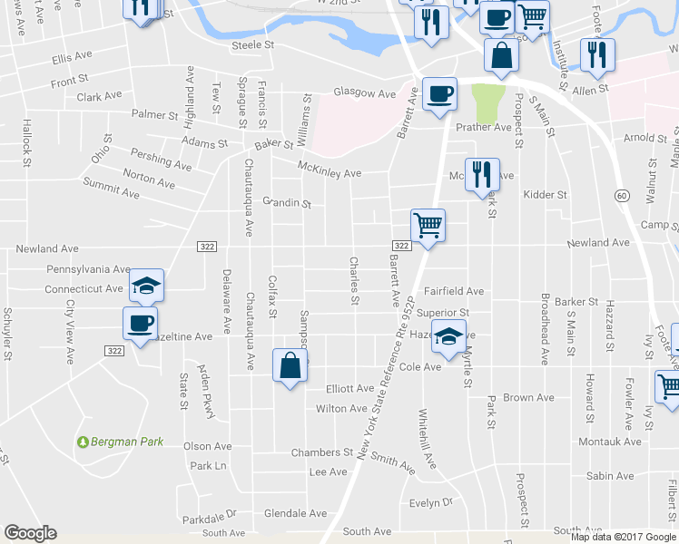 map of restaurants, bars, coffee shops, grocery stores, and more near 110 Charles Street in Jamestown