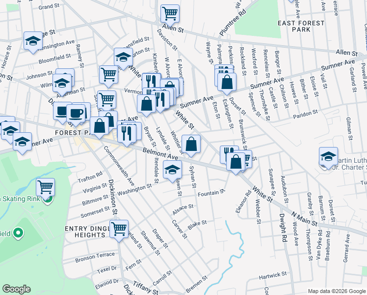 map of restaurants, bars, coffee shops, grocery stores, and more near 93-95 Whittier Street in Springfield