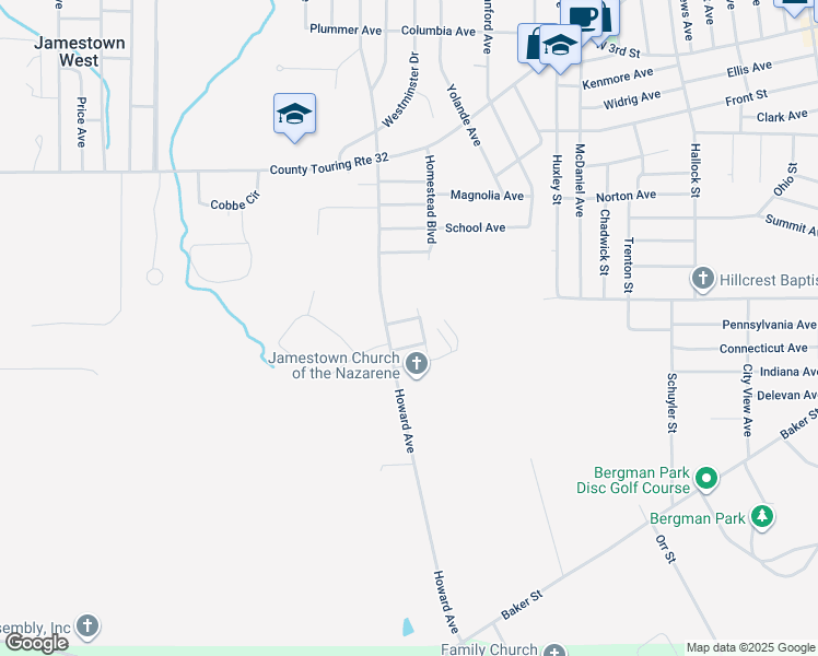 map of restaurants, bars, coffee shops, grocery stores, and more near 341 Howard Ave in Jamestown