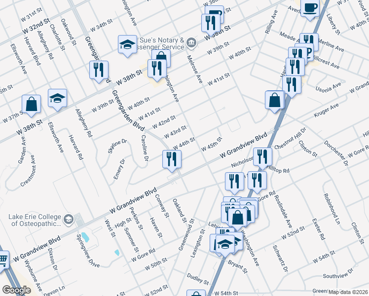 map of restaurants, bars, coffee shops, grocery stores, and more near 1523-1529 West 44th Street in Erie