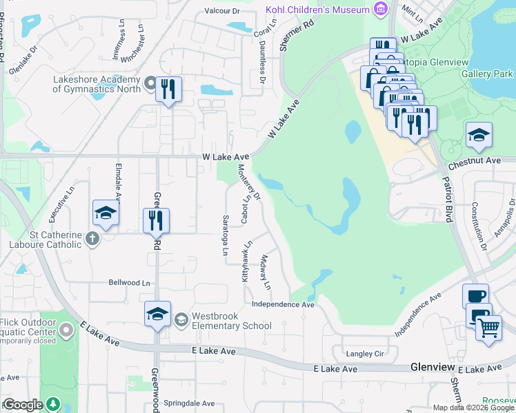 map of restaurants, bars, coffee shops, grocery stores, and more near 1669 Monterey Drive in Glenview