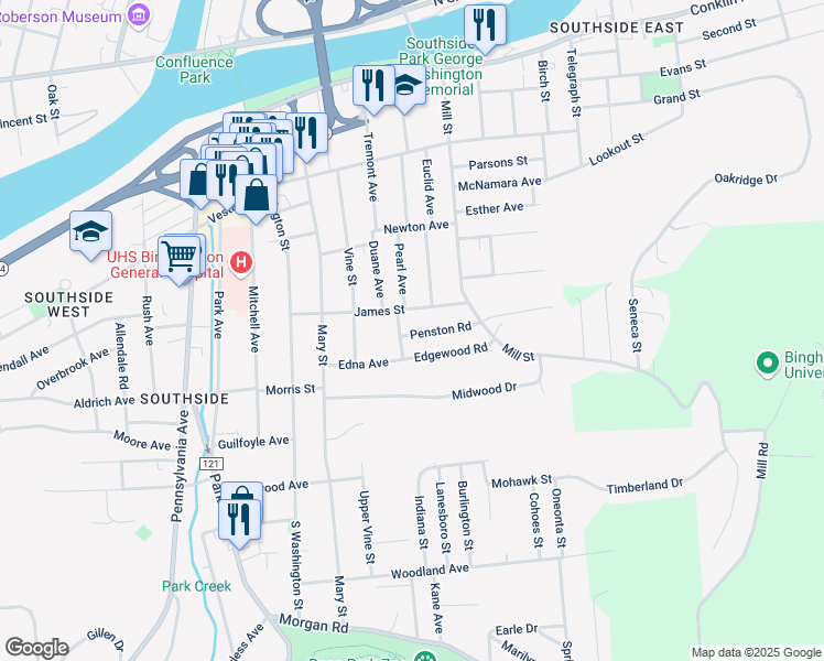 map of restaurants, bars, coffee shops, grocery stores, and more near in Binghamton