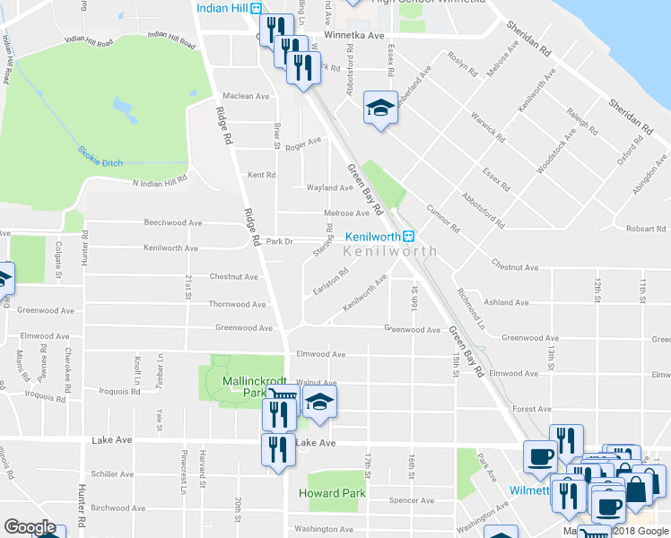 map of restaurants, bars, coffee shops, grocery stores, and more near 555 Earlston Road in Kenilworth