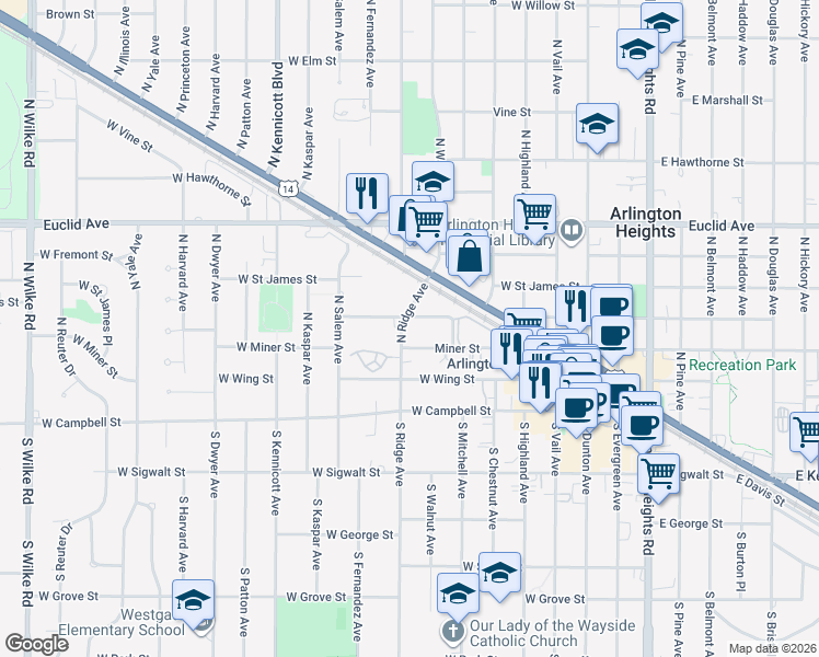 map of restaurants, bars, coffee shops, grocery stores, and more near 215 North Ridge Avenue in Arlington Heights