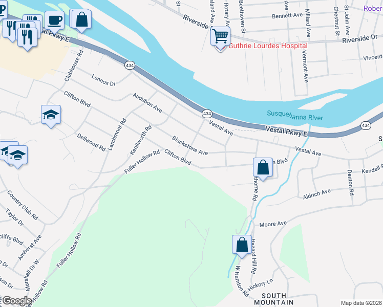map of restaurants, bars, coffee shops, grocery stores, and more near 24 Jutland Road in Binghamton