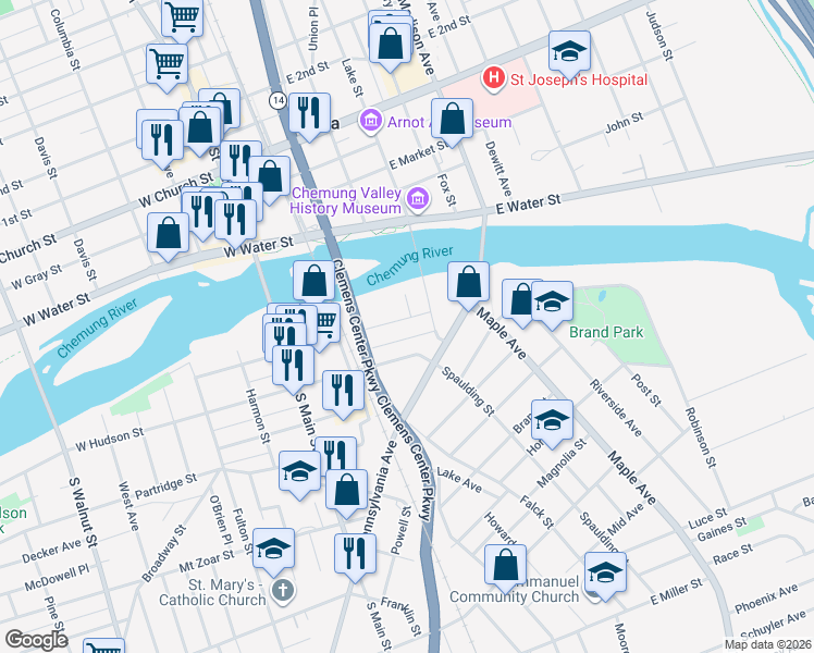 map of restaurants, bars, coffee shops, grocery stores, and more near 129 E Chemung Pl in Elmira