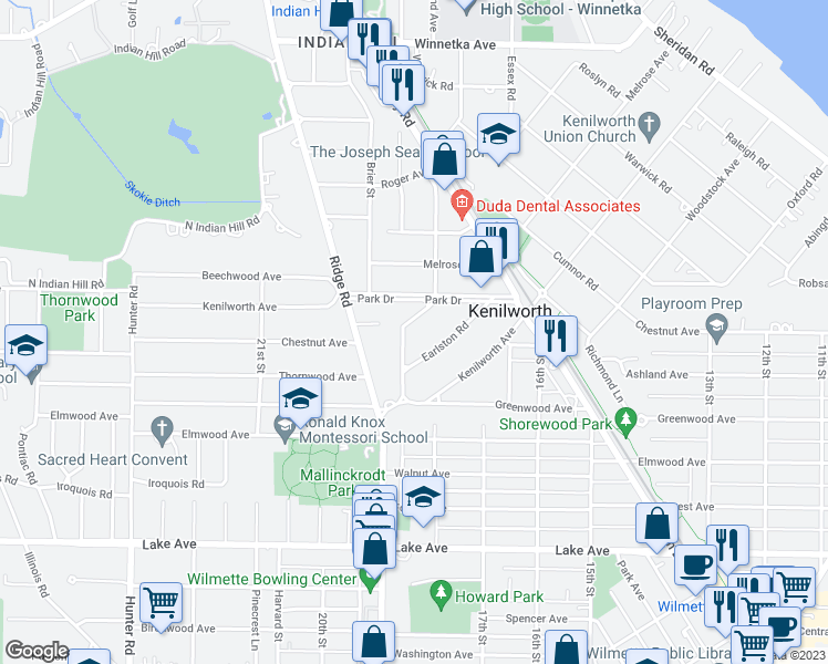 map of restaurants, bars, coffee shops, grocery stores, and more near 369 Sterling Road in Kenilworth
