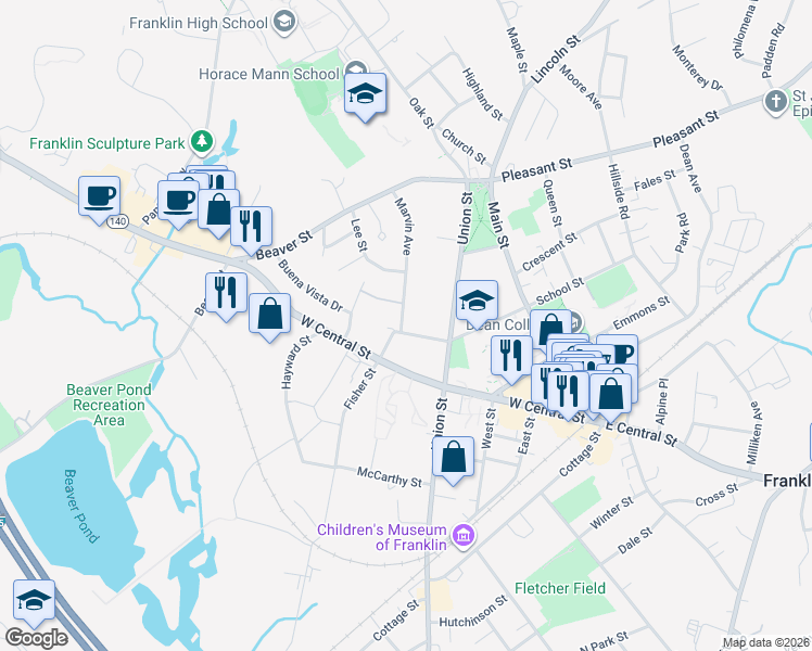 map of restaurants, bars, coffee shops, grocery stores, and more near 203 School Street in Franklin