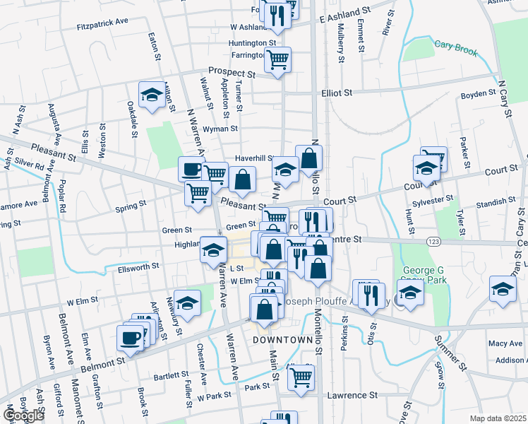 map of restaurants, bars, coffee shops, grocery stores, and more near 24 Pleasant Street in Brockton