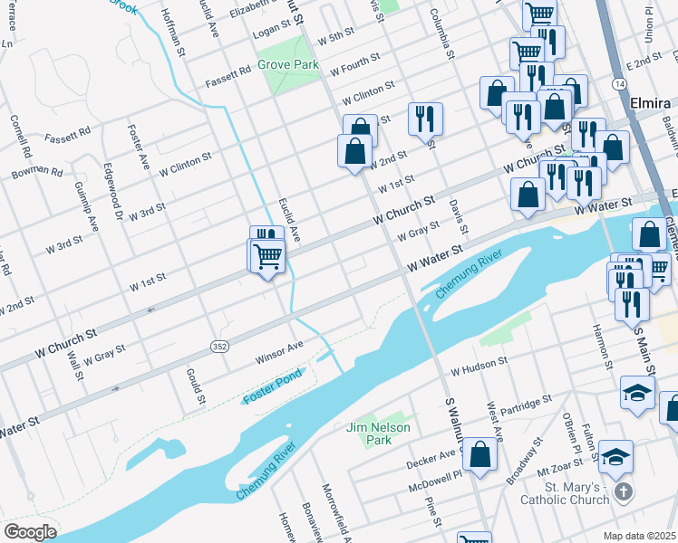 map of restaurants, bars, coffee shops, grocery stores, and more near 613 West Gray Street in Elmira